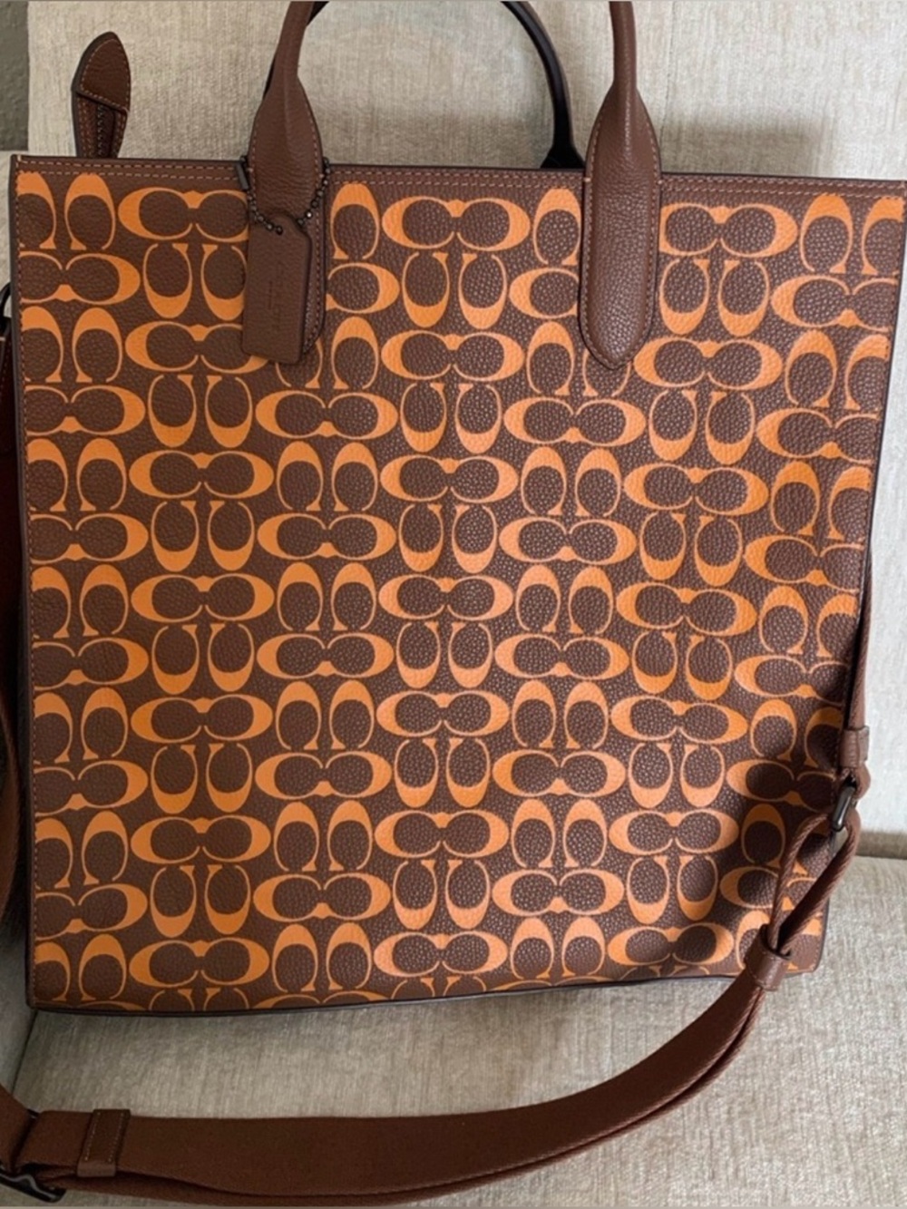 Coach Brown & Orange Signature logo Laptop Tote